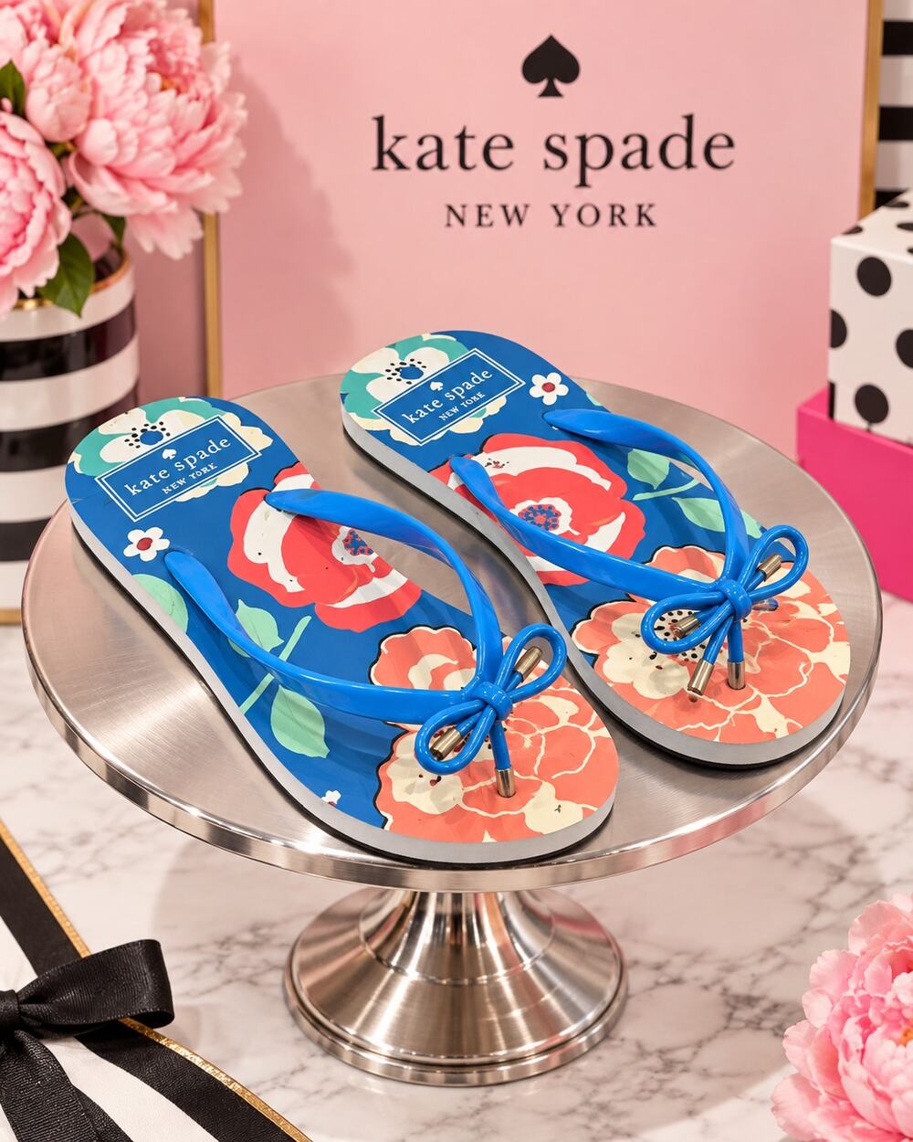 Kate Spade New York Nova Floral Bow Flip Flops Blue Size 5-6 NWOT